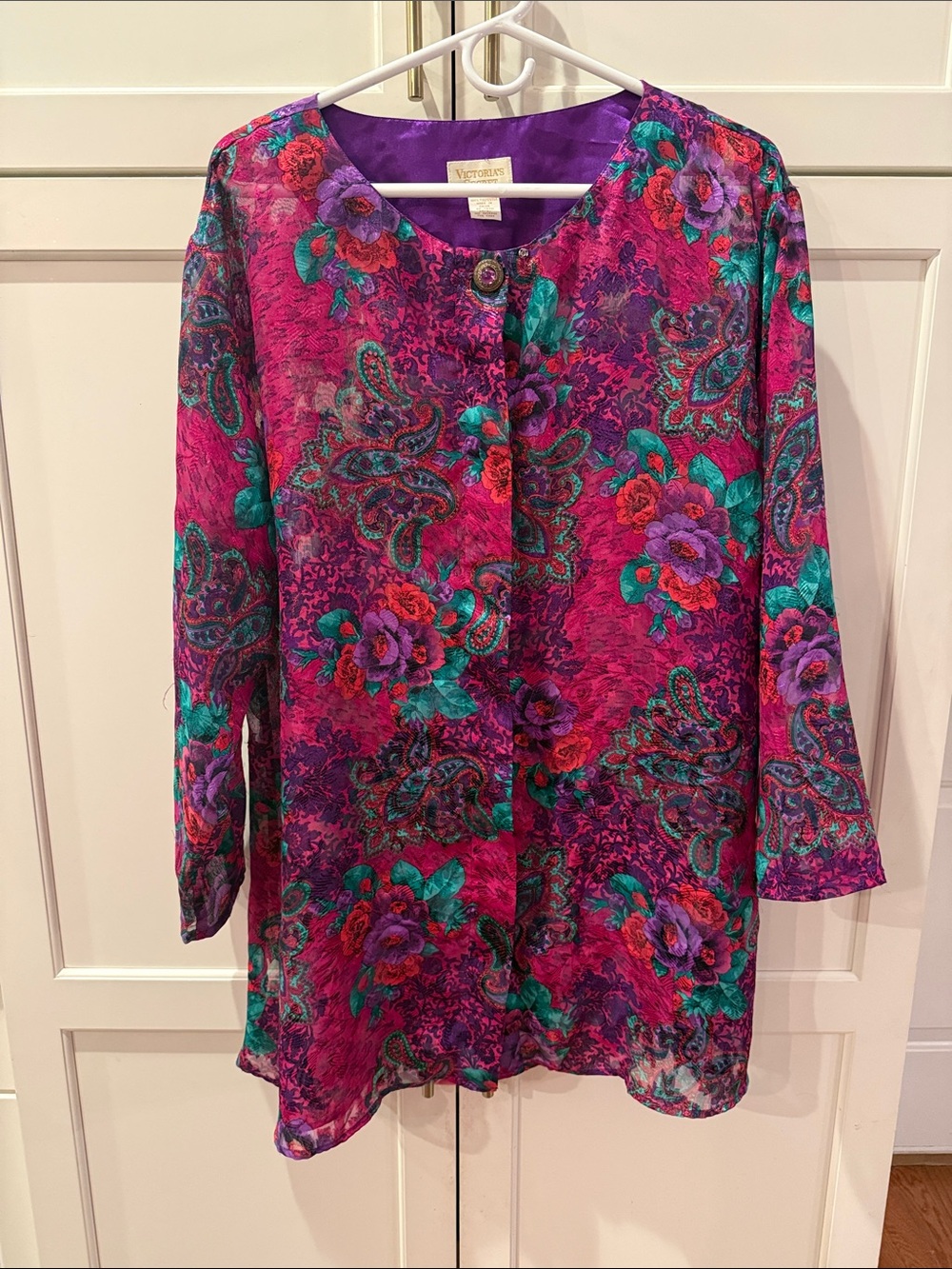 Vintage Gold Label Victoria's Secret Fuchsia Floral Button-Front Tunic/Robe M/L